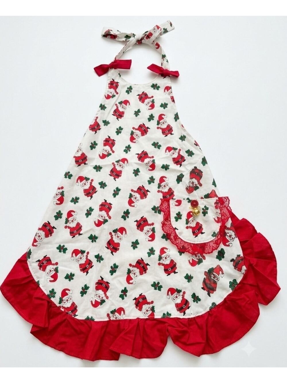 Vintage Homemade Santa Christmas Apron Ruffled Bows Pocket With Bell